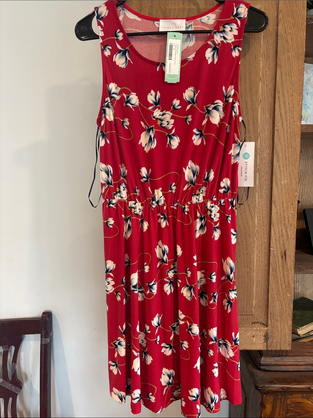 French Grey Red Floral Knit Dress